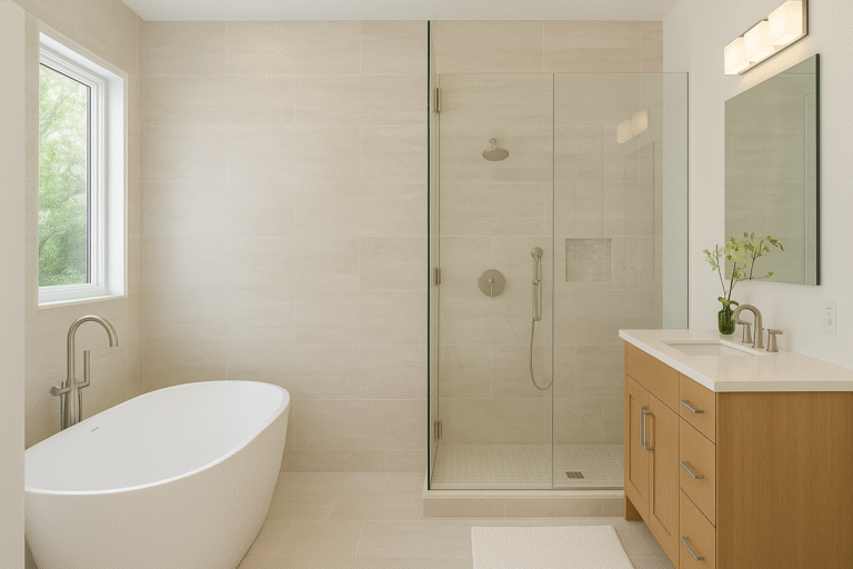 Modern spa-inspired bathroom featuring a freestanding white bathtub next to a large window, a glass-enclosed walk-in shower with beige tile walls and brushed nickel fixtures, and a wooden vanity with a white countertop, mounted mirror, and orchid in a vase. Natural light fills the space, highlighting the clean and serene design.